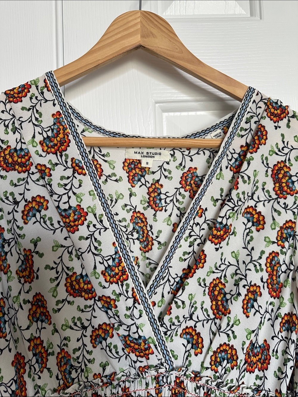 Max Studio White Floral Wrap-Style Tunic with Orange & Blue Accents